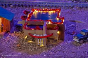 Display of modern Blakes Lotaburger building used at the Albuquerque River of Lights